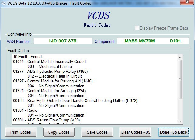 vag com VCDS Beta 12.10.3 نظام الفرامل ABS رموز خطأ